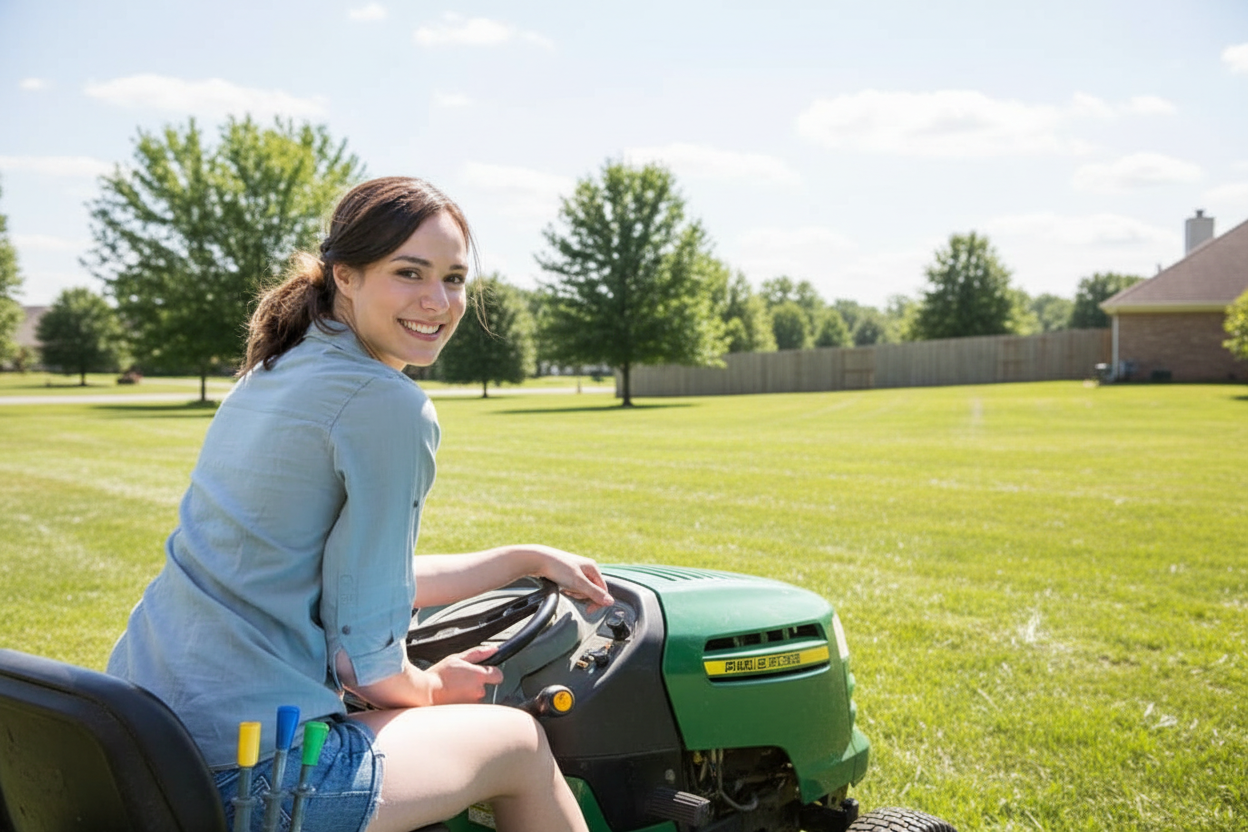 woman cutting the grass on riding lawnmower in essex