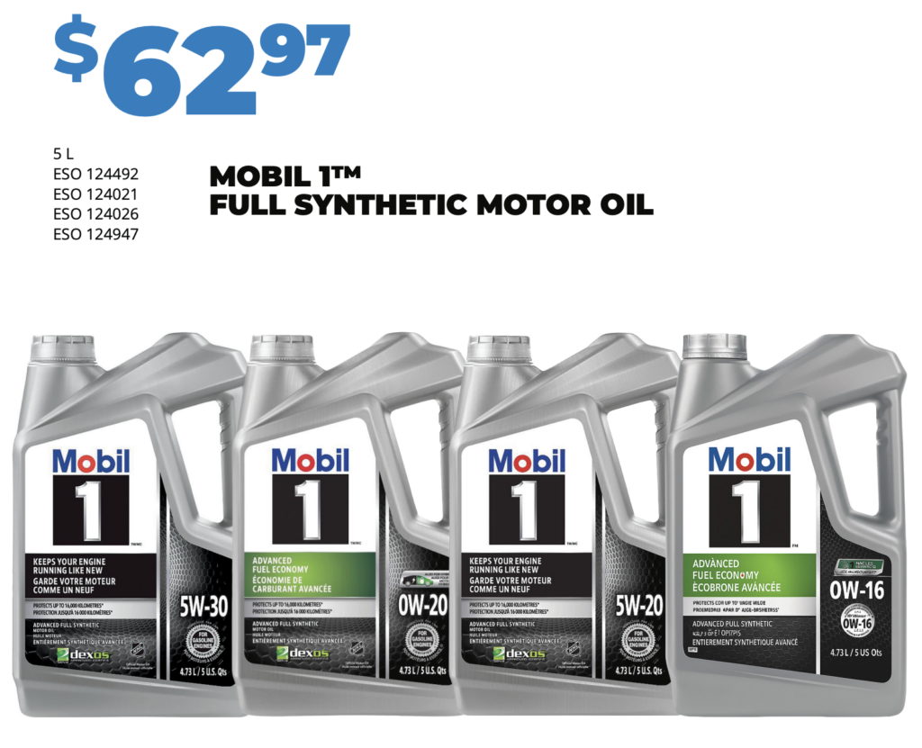 Mobil 1 Full Synthetic Motor Oil on sale for $62.97 at Auto Barn in Essex Ontario
