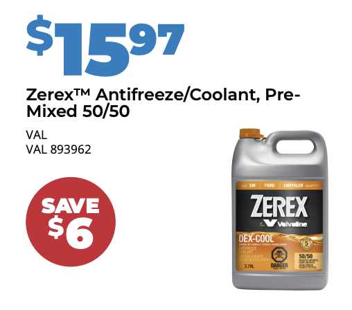 Zerex 50/50 Antifreeze/Coolant is on sale for $15.97 at Auto Barn in Essex